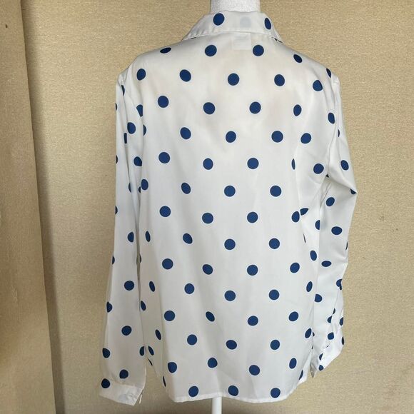 Retro White & Blue Women's Medium Polka Dot Blouse Semi Sheer Twee Vintage 80's - Picture 2 of 7